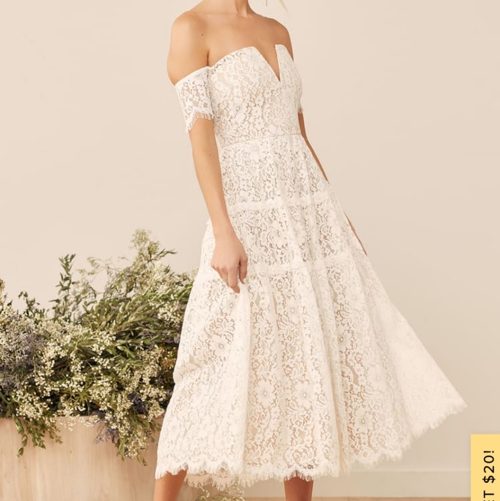 Lulus Absolutely Stunning White Lace off the Shoulder Midi Dress XS